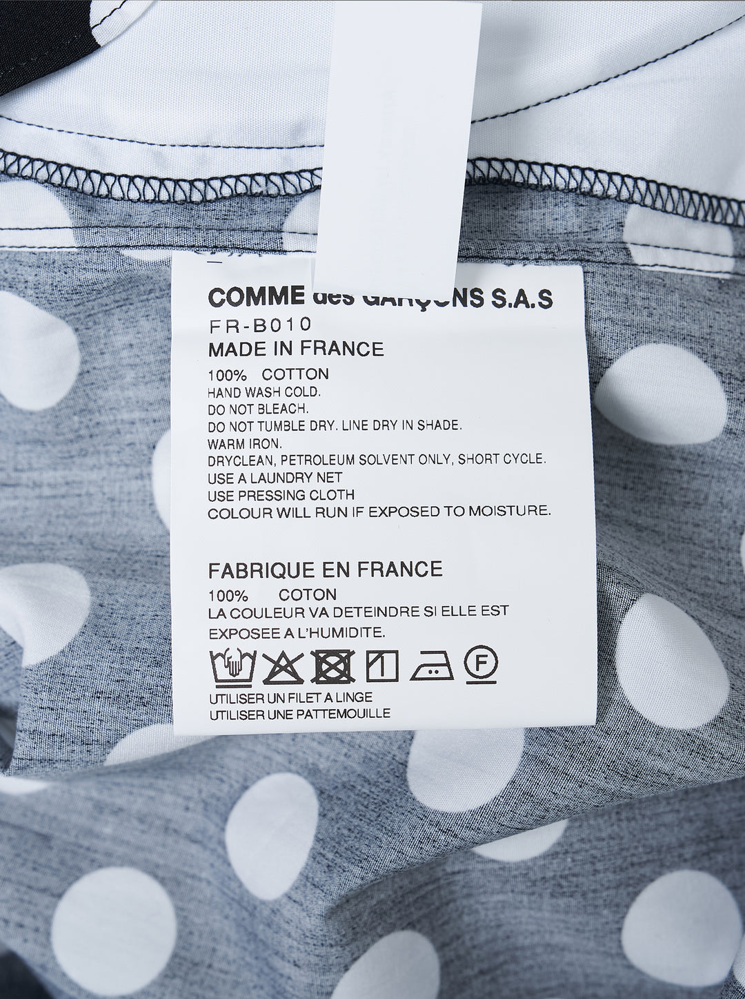 Comme des Garçons Shirt black and white polka dot long-sleeve button-up shirt with oversized white patchwork panels on the front - view 3