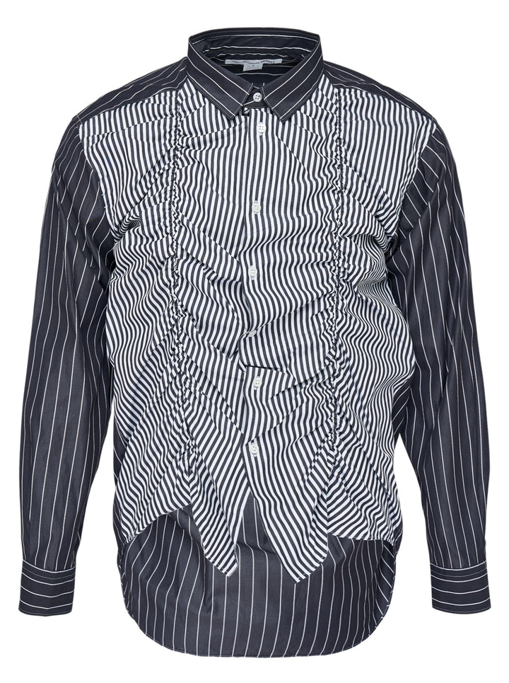 Comme des Garçons Shirt long sleeve button-up in black and white stripes with a ruched, wave-effect front panel and pointed layered hem