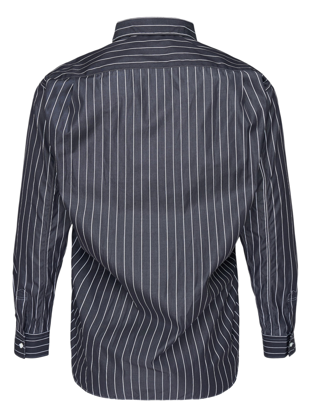 Comme des Garçons Shirt long sleeve button-up in black and white stripes with a ruched, wave-effect front panel and pointed layered hem - view 2