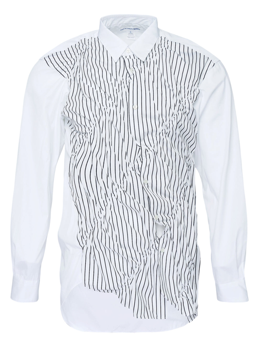 White long sleeve Comme des Garçons Shirt with a gathered black pinstripe front panel and asymmetric curved hem