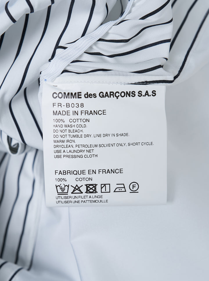 White long sleeve Comme des Garçons Shirt with a gathered black pinstripe front panel and asymmetric curved hem - view 3