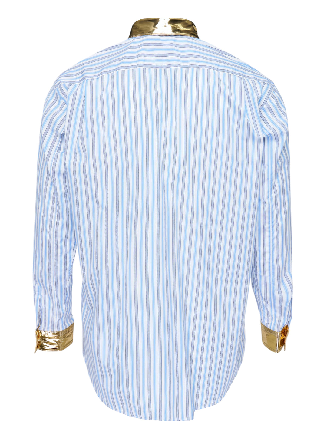 Blue and white striped button-up shirt with metallic gold collar and cuffs and a chest pocket - view 2