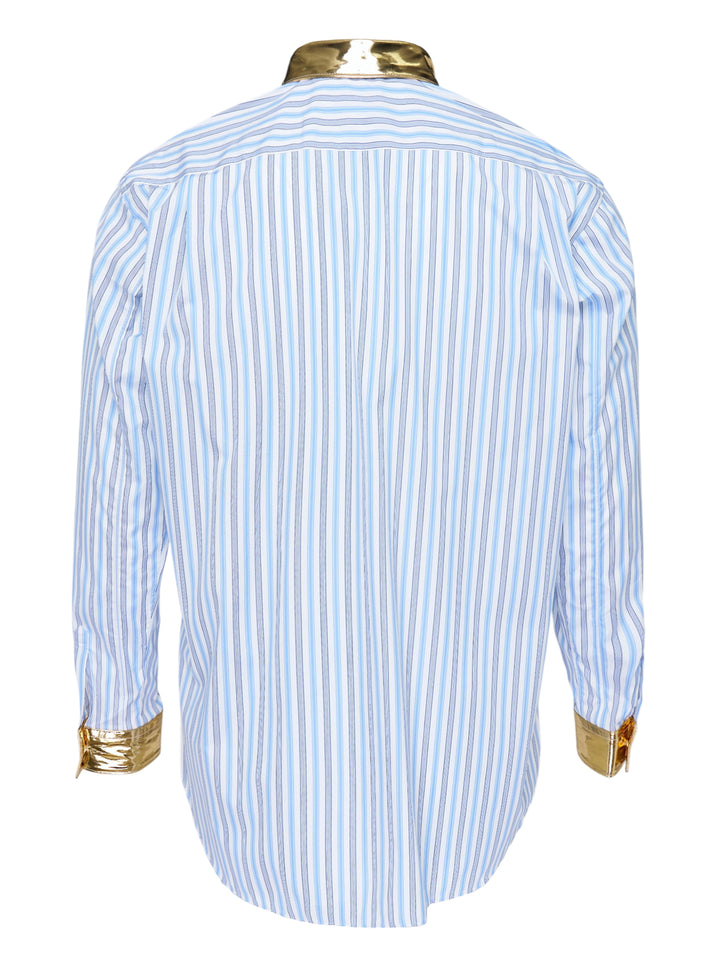 Blue and white striped button-up shirt with metallic gold collar and cuffs and a chest pocket - view 2