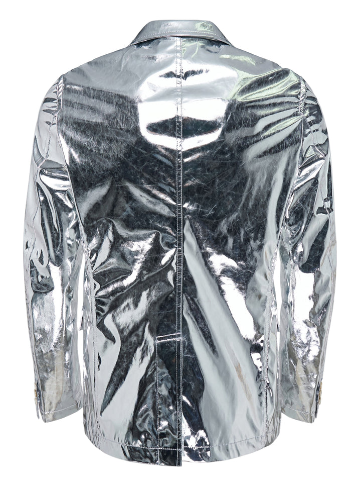 Comme des Garçons Shirt metallic silver blazer with notch lapels, three buttons and flap pockets, shown on a white background - view 2