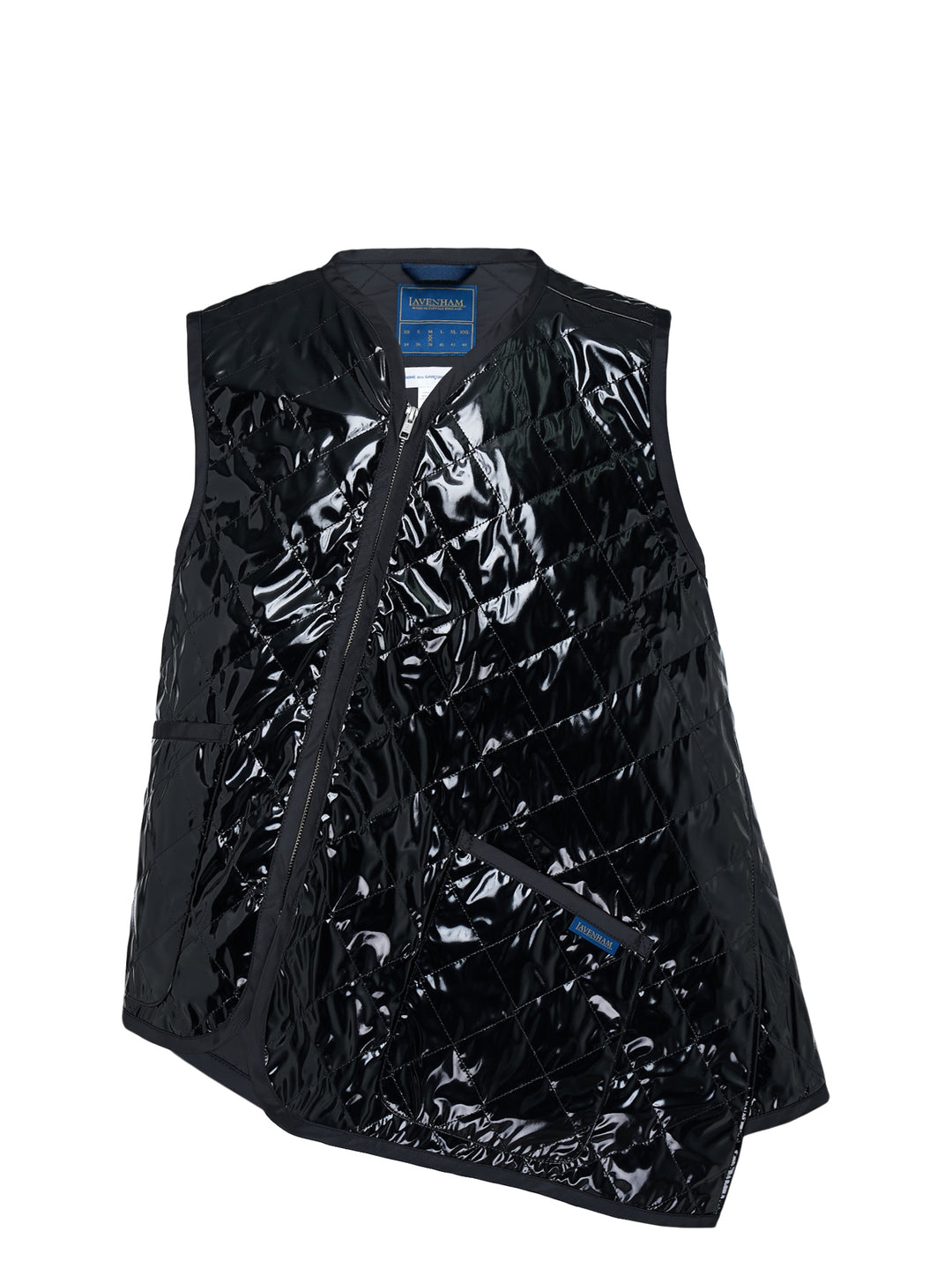 Black lacquered quilted asymmetric vest with diagonal zip front and Lavenham label by Comme des Garçons Shirt