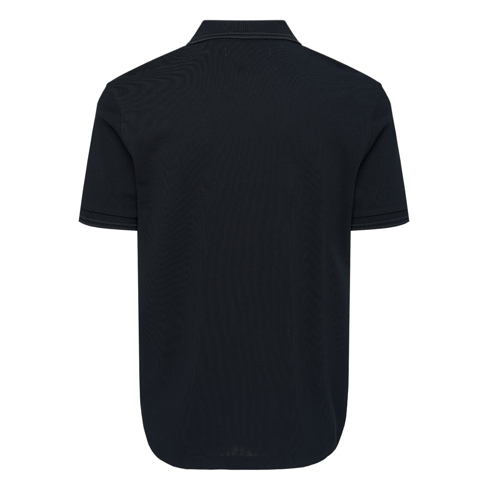 Comme des Garçons SHIRT x Fred Perry navy piqué short sleeve polo shirt with green CDG laurel wreath embroidery on the chest and contrast tipping on the collar and sleeve hems