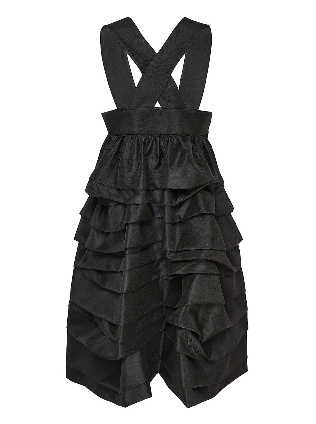 Comme des Garçons Comme des Garçons black crossover pinafore with cascading tiered ruffle skirt and structured waistband, shown from the back against a white background