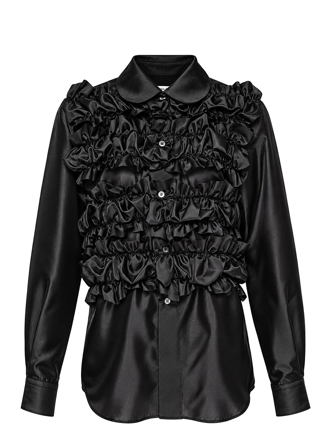 Comme des Garçons Comme des Garçons black satin blouse with dramatic tiered gathered ruffle bib front, long sleeves, point collar, and button fastening, on a white background