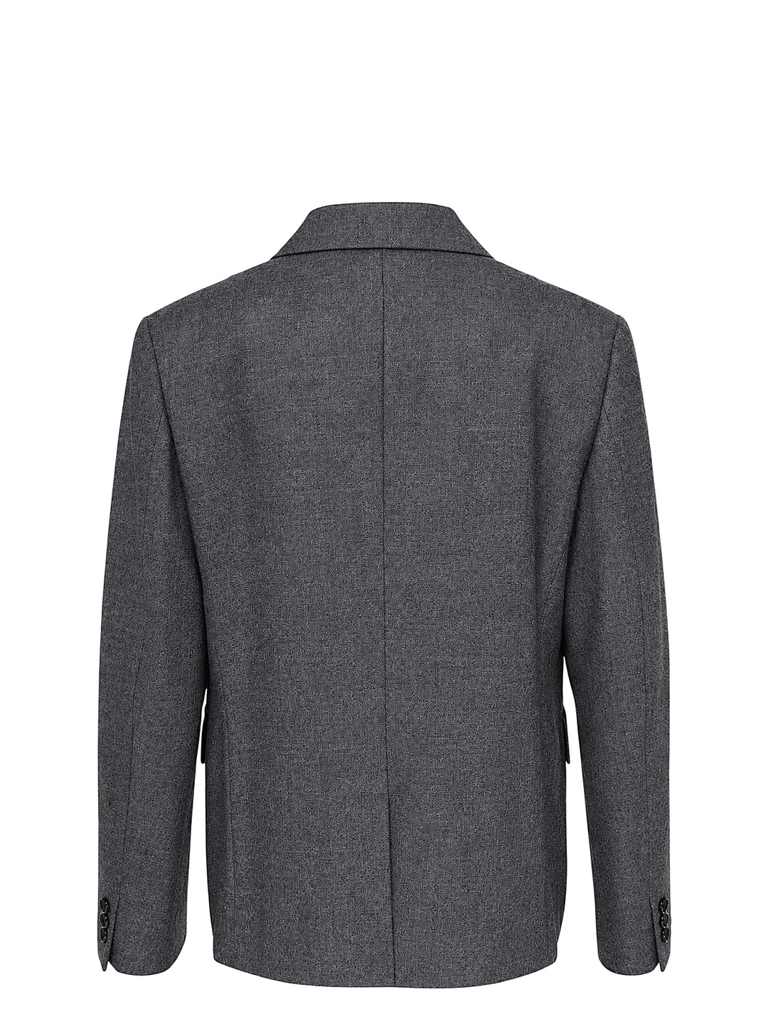 Comme des Garçons Comme des Garçons single-breasted tailored blazer in mid-grey mélange wool, featuring notched lapels, three-button closure, chest welt pocket, and twin flap hip pockets, shown flat on a white background. - view 2