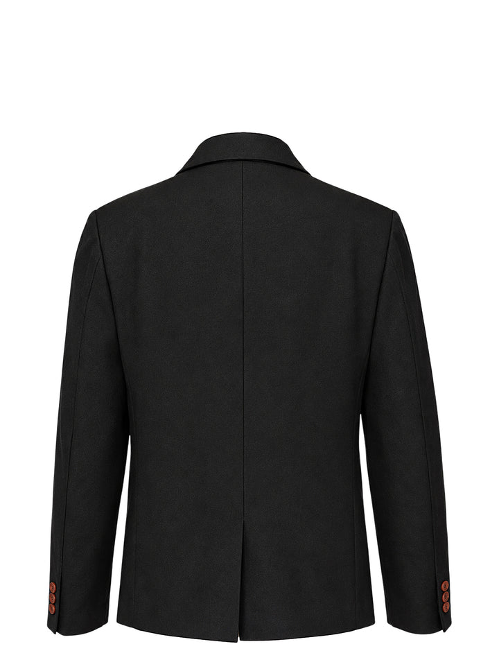 Comme des Garçons Comme des Garçons black tailored single-breasted blazer with notched lapels, three-button closure, chest welt pocket, and flap pockets at the hem, displayed flat on a white background. - view 3