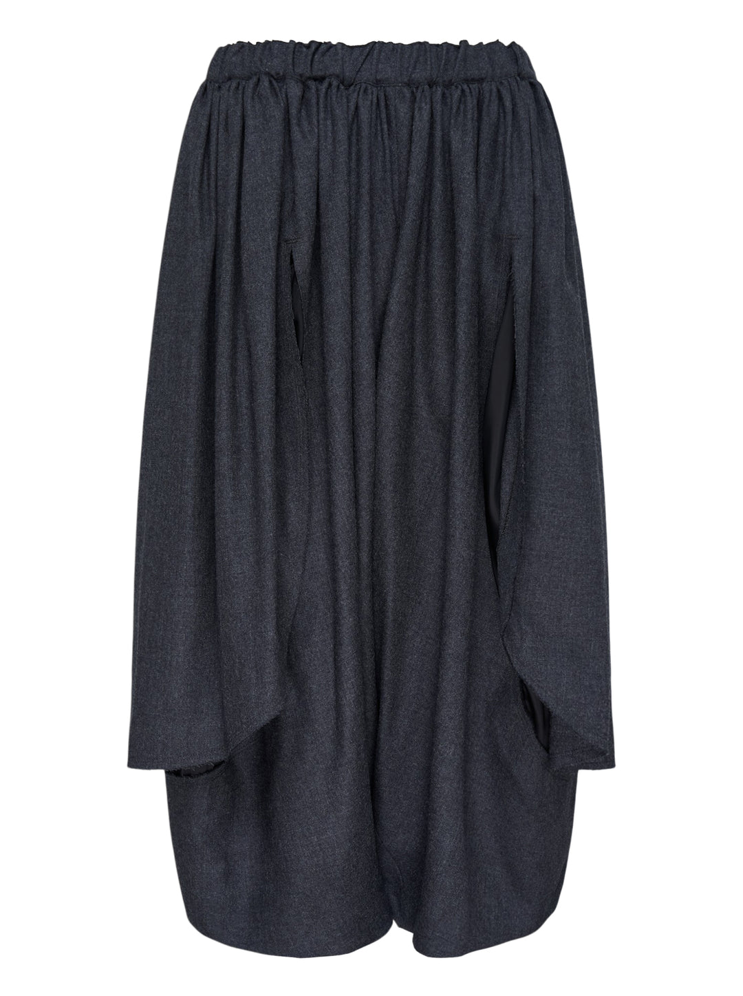Comme des Garçons Comme des Garçons wide-leg cropped pants in dark charcoal with gathered skirt overlay and elasticated ruched waistband, front view