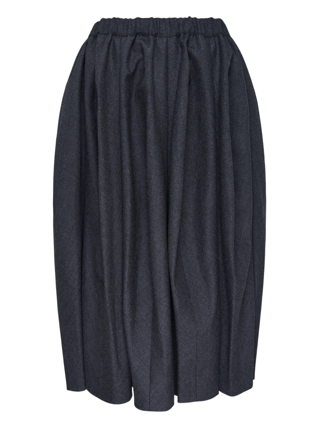 Comme des Garçons Comme des Garçons voluminous cocoon midi skirt in charcoal grey with elasticated drawstring waist and gathered sculptural silhouette, displayed flat on white background