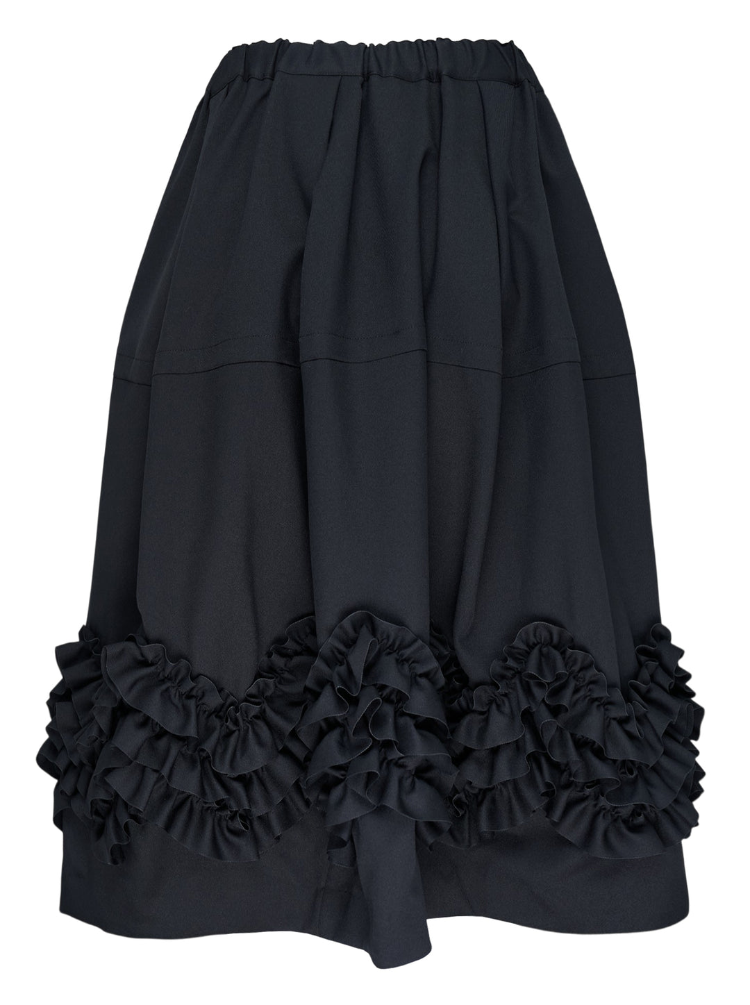Comme des Garçons Comme des Garçons black balloon midi skirt with elasticated gathered waist, full pleated body, and dramatic multi-tiered ruffle hem trim - view 2