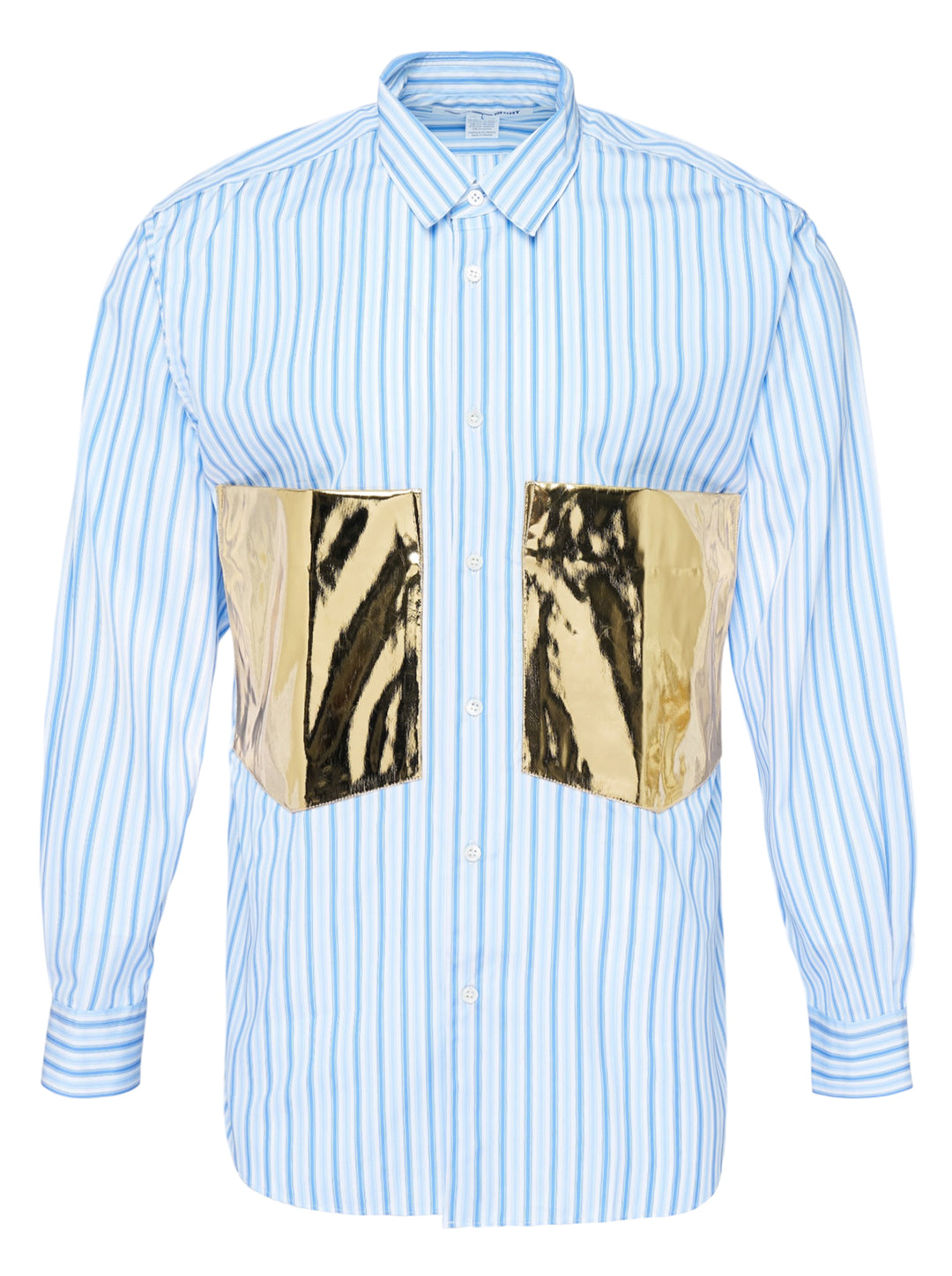 Comme des Garçons Shirt light blue and white striped long sleeve button-up shirt with two oversized metallic gold patch pockets, shown from the front