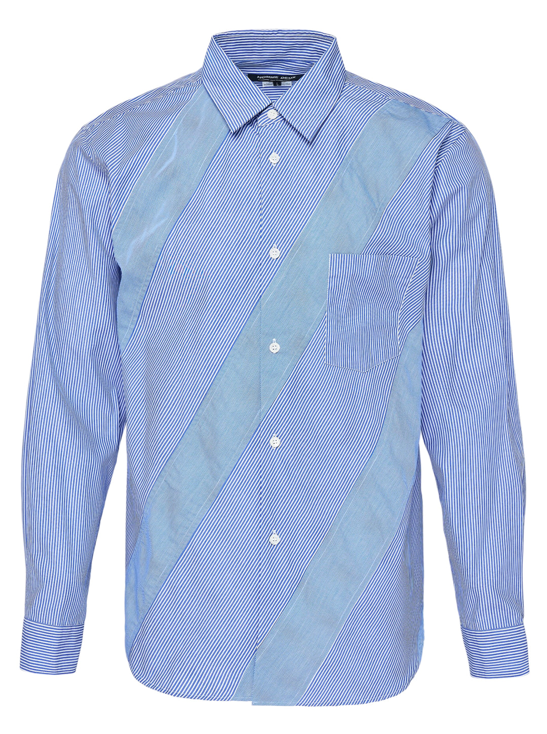 Comme des Garçons Homme Deux long sleeve shirt in blue and white cotton broad stripe with a diagonal patchwork panel, pointed collar and chest pocket
