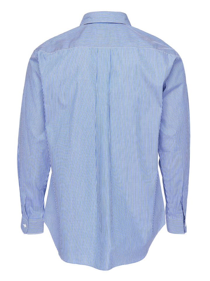 Comme des Garçons Homme Deux long sleeve shirt in blue and white cotton broad stripe with a diagonal patchwork panel, pointed collar and chest pocket - view 2