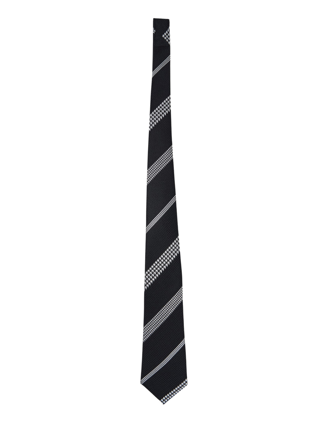 Comme des Garçons Homme Deux black silk necktie with diagonal houndstooth-weave stripe pattern on a white background - view 2