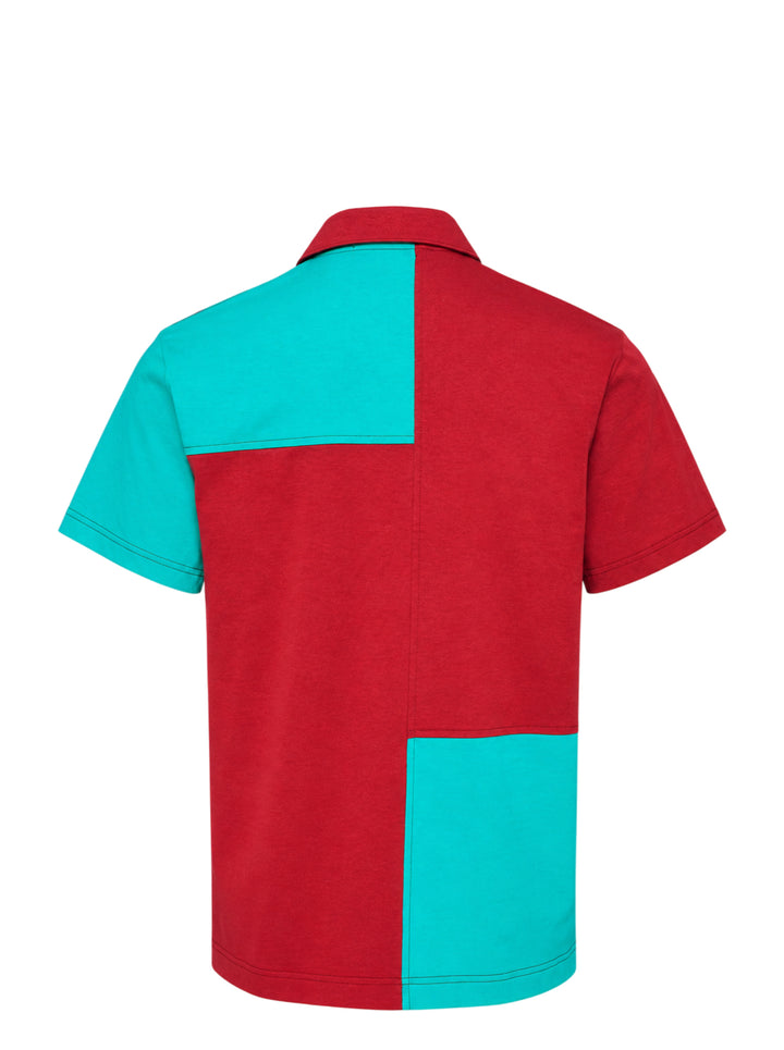 Comme des Garçons Homme Deux colour-block polo shirt in teal and deep red cotton jersey with contrast topstitching and two-button placket - view 2