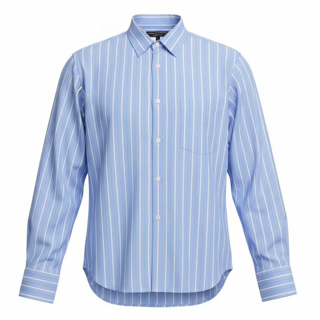 Comme des Garçons Homme Plus cotton broad stripe long sleeve shirt in sky blue with white pinstripes, featuring a relaxed fit, point collar, concealed button placket, and chest patch pocket