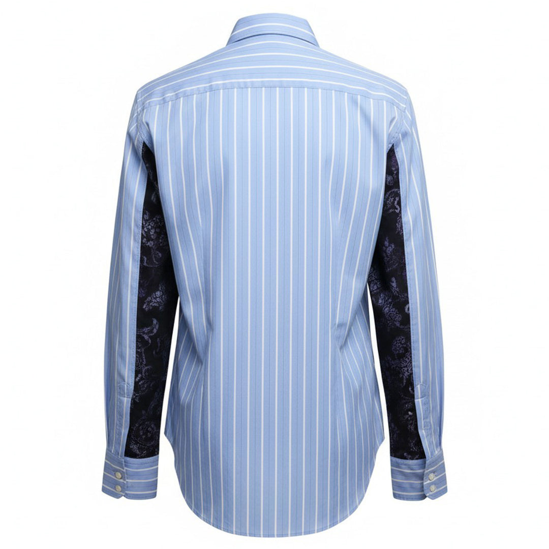 Comme des Garçons Homme Plus cotton broad stripe long sleeve shirt in sky blue with white pinstripes, featuring a relaxed fit, point collar, concealed button placket, and chest patch pocket - view 2