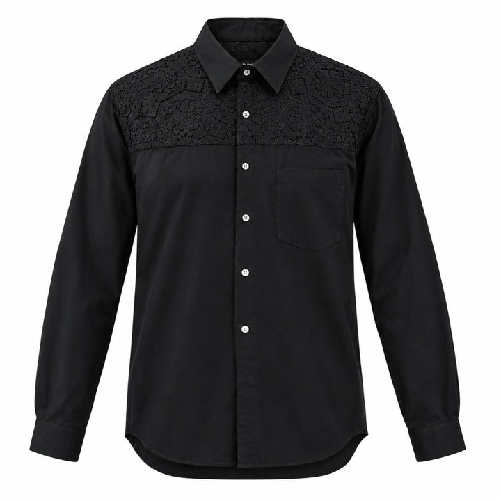 Comme des Garçons Homme Plus black long sleeve cotton shirt with floral guipure lace panel across the upper chest and shoulder yoke, white button fastening, and single patch pocket