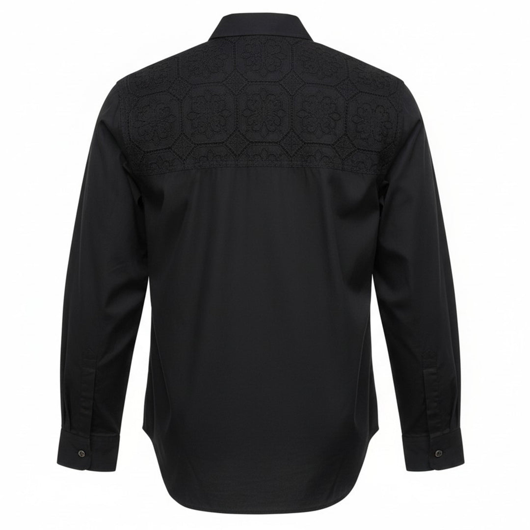 Comme des Garçons Homme Plus black long sleeve cotton shirt with floral guipure lace panel across the upper chest and shoulder yoke, white button fastening, and single patch pocket - view 2