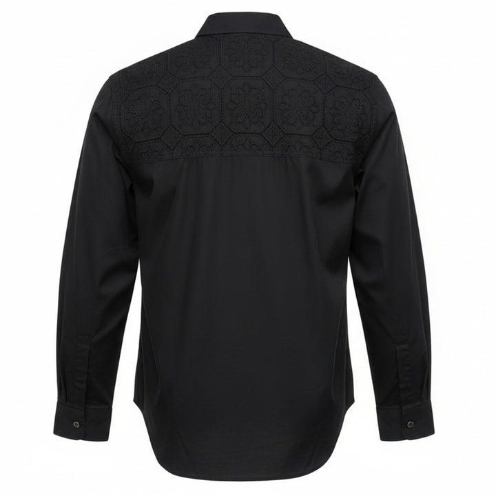 Comme des Garçons Homme Plus black long sleeve cotton shirt with floral guipure lace panel across the upper chest and shoulder yoke, white button fastening, and single patch pocket - view 2