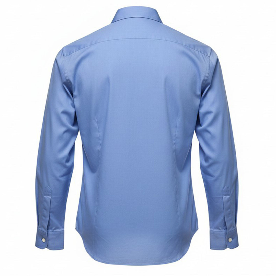 Comme des Garçons Homme Plus long sleeve cornflower blue cotton shirt with black and blue floral jacquard contrast panel down the centre front placket - view 2
