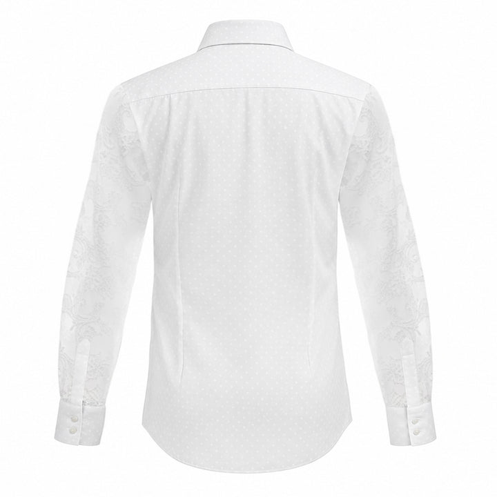 Comme des Garçons Homme Plus white long-sleeve shirt with jacquard dot body and floral lace sleeves, shown flat on a white background - view 2