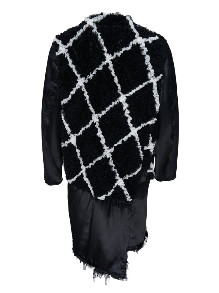 Comme des Garçons Homme Plus longline zip coat with diamond-pattern tulle embroidery, satin sleeves and a frayed asymmetric hem - view 2