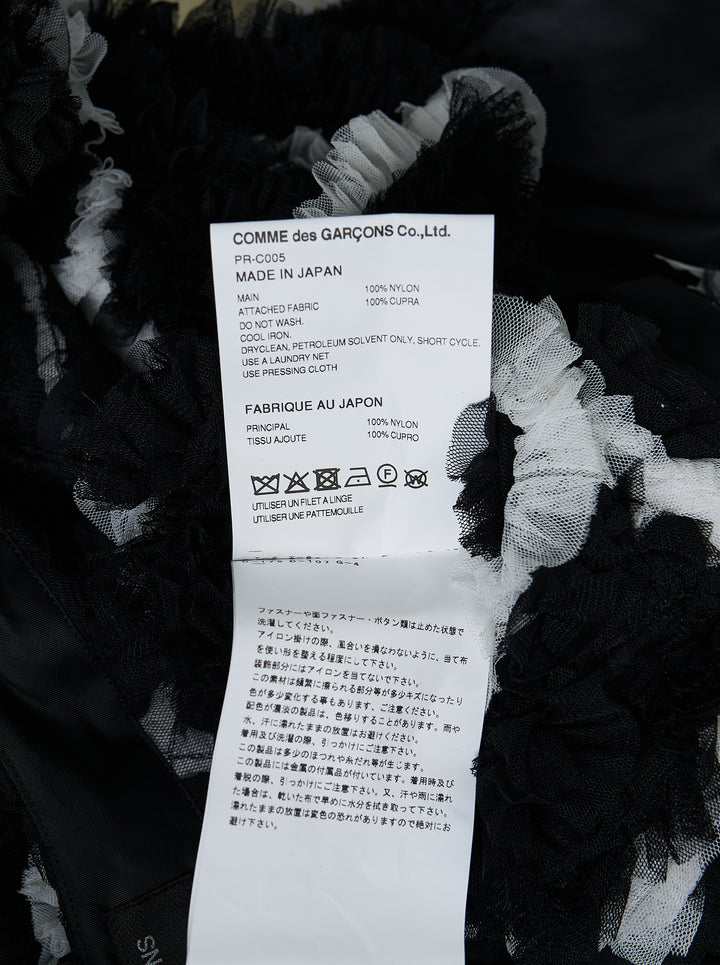 Comme des Garçons Homme Plus longline zip coat with diamond-pattern tulle embroidery, satin sleeves and a frayed asymmetric hem - view 3