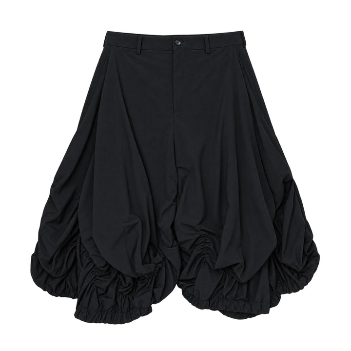 Comme des Garçons Homme Plus Wool Tropical Balloon Shorts in black, featuring a structured waistband and multiple ruched elasticated bubble hems, flat lay on white background