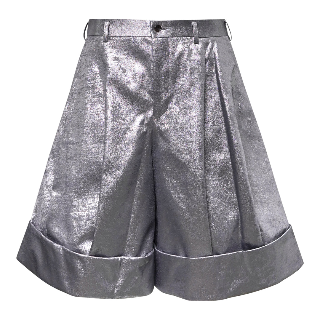 Comme des Garçons Homme Plus metallic silver foil polyester georgette wide-leg pleated shorts with turn-up cuffs and high-rise waistband