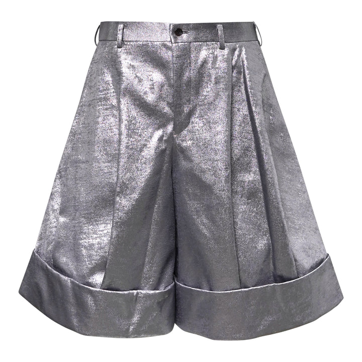 Comme des Garçons Homme Plus metallic silver foil polyester georgette wide-leg pleated shorts with turn-up cuffs and high-rise waistband