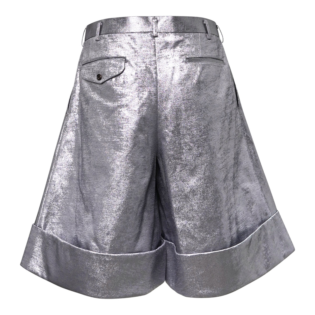 Comme des Garçons Homme Plus metallic silver foil polyester georgette wide-leg pleated shorts with turn-up cuffs and high-rise waistband - view 2