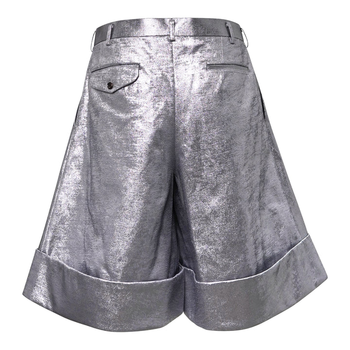 Comme des Garçons Homme Plus metallic silver foil polyester georgette wide-leg pleated shorts with turn-up cuffs and high-rise waistband - view 2