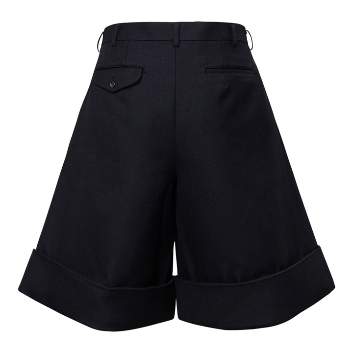 Comme des Garçons Homme Plus black double weave wool wide-leg shorts with deep pleats, button fly, and folded turn-up cuffs, shown flat on white background - view 2