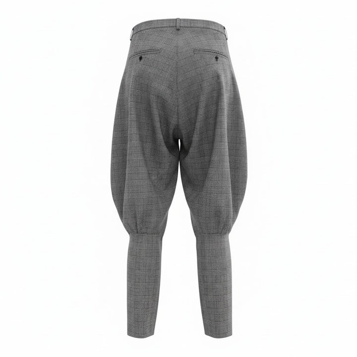 Comme des Garçons Homme Plus wool glen-check balloon pants in monochrome micro-houndstooth, featuring a dramatically voluminous upper leg gathered below the knee and tapering to a slim ankle, shown flat on white background - view 2