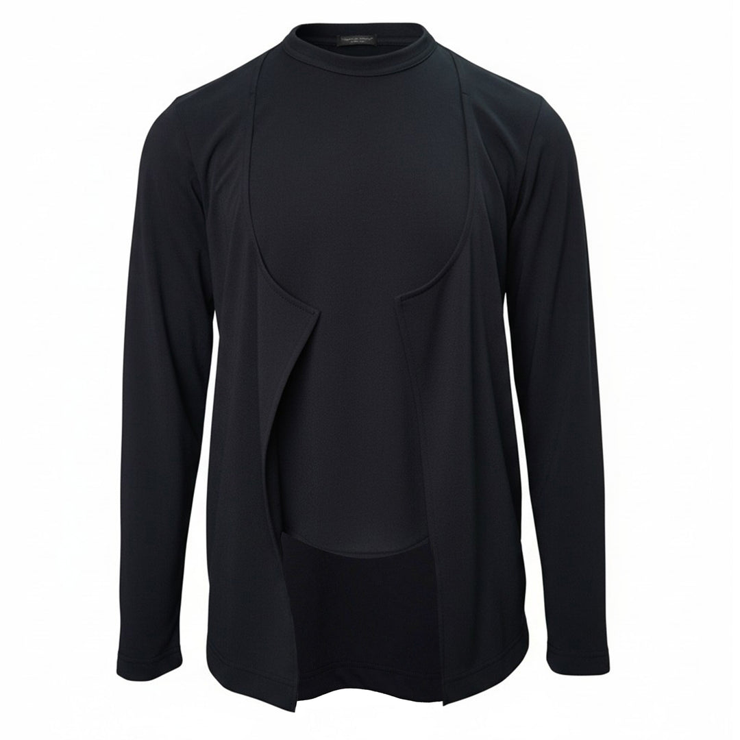 Comme des Garçons Homme Plus black long-sleeve polyester jersey tee with sculptural curved overlay bib panel and open split hem, displayed flat on white background