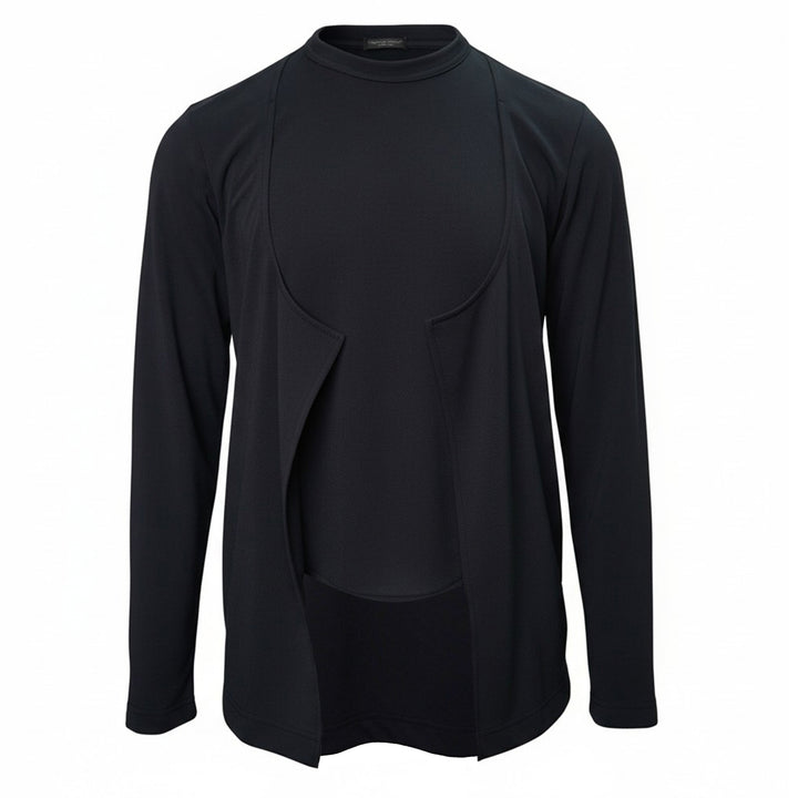Comme des Garçons Homme Plus black long-sleeve polyester jersey tee with sculptural curved overlay bib panel and open split hem, displayed flat on white background