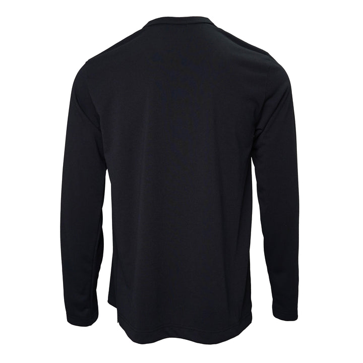 Comme des Garçons Homme Plus black long-sleeve polyester jersey tee with sculptural curved overlay bib panel and open split hem, displayed flat on white background - view 2