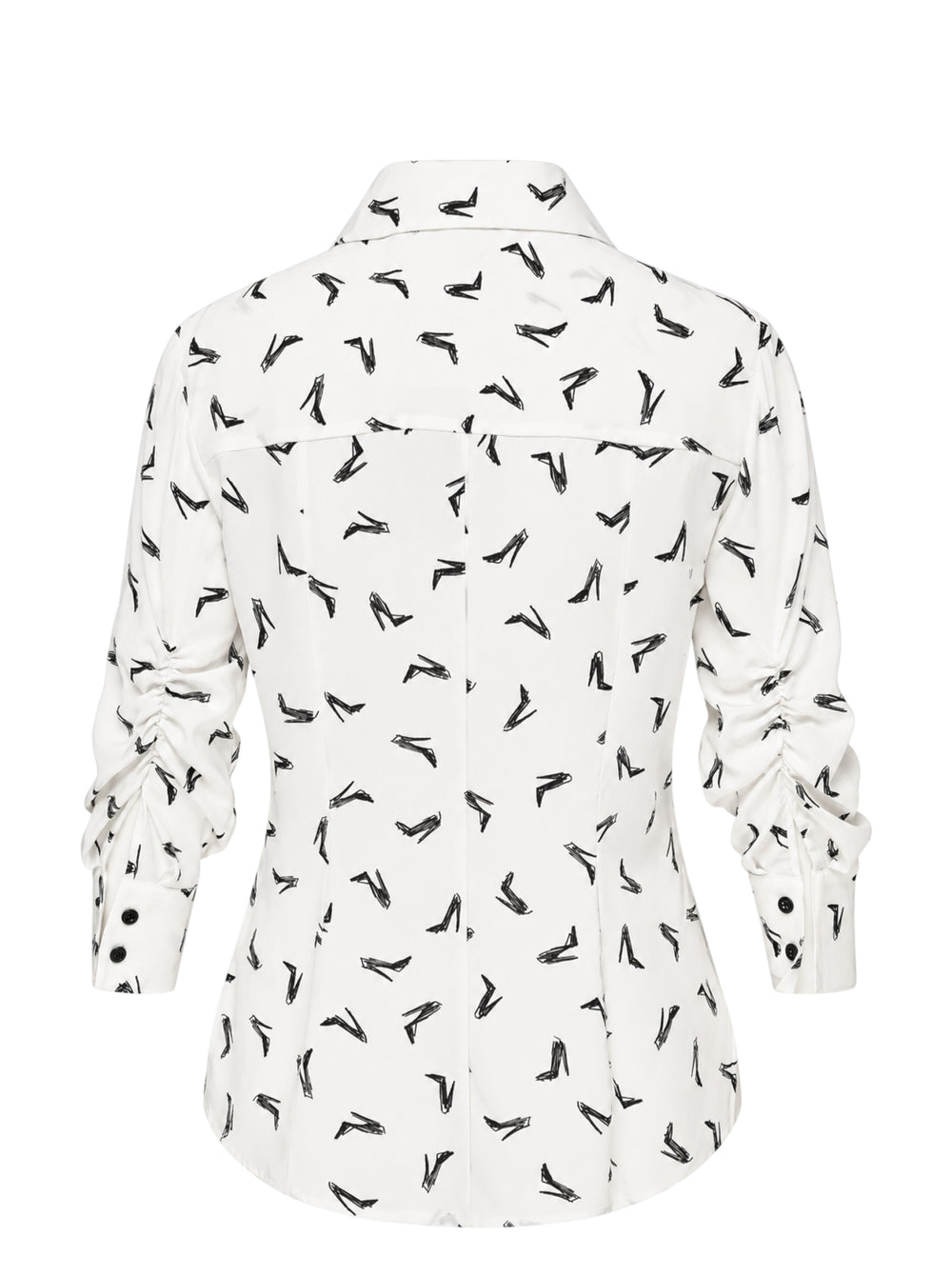 Carolina Herrera Good Girl Shoe long-sleeve button-up blouse in ivory with an all-over black stiletto sketch print, black buttons, and a structured point collar - view 2