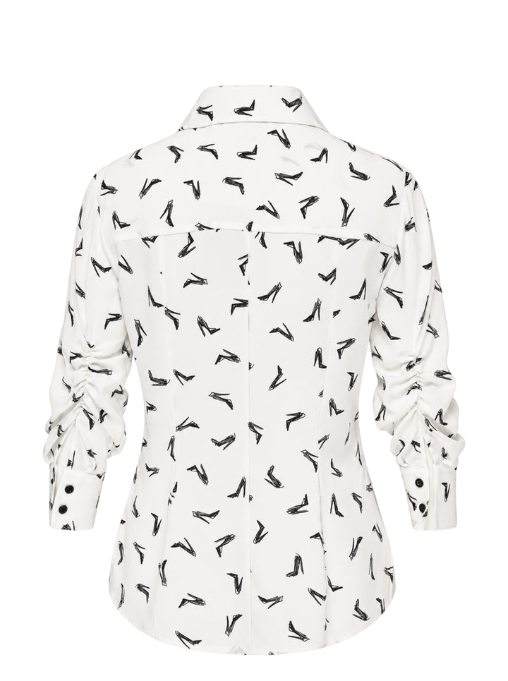 Carolina Herrera Good Girl Shoe long-sleeve button-up blouse in ivory with an all-over black stiletto sketch print, black buttons, and a structured point collar - view 2