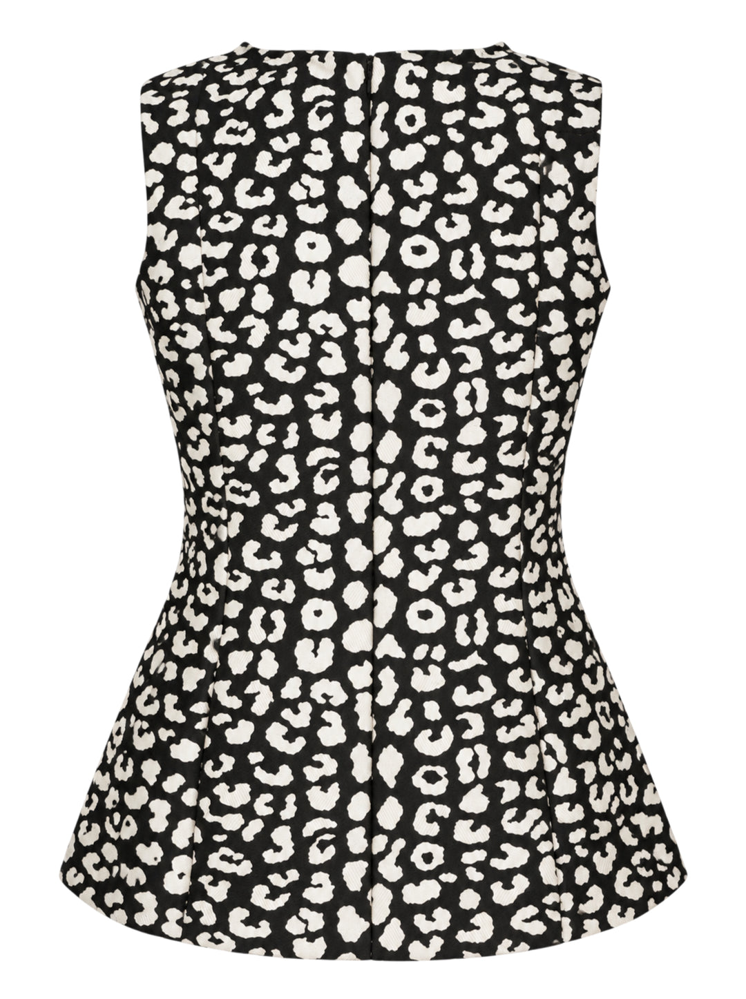 Carolina Herrera sleeveless boatneck top in black-and-ivory leopard jacquard, featuring a centre-front covered button placket, fitted waist, and flared peplum hem with box pleats - view 2