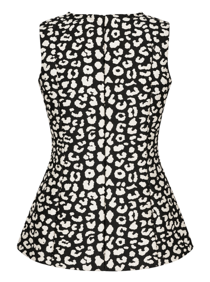 Carolina Herrera sleeveless boatneck top in black-and-ivory leopard jacquard, featuring a centre-front covered button placket, fitted waist, and flared peplum hem with box pleats - view 2