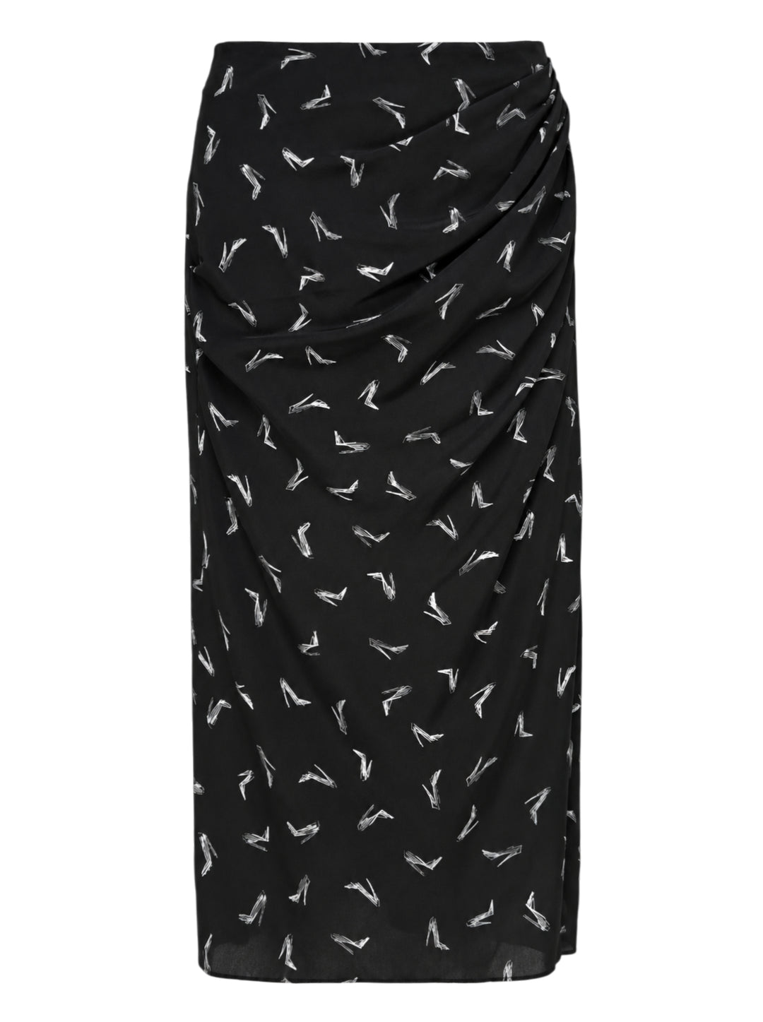 Carolina Herrera Good Girl Shoe Print Midi Skirt in black with white stiletto brushstroke print and draped ruching at the hip