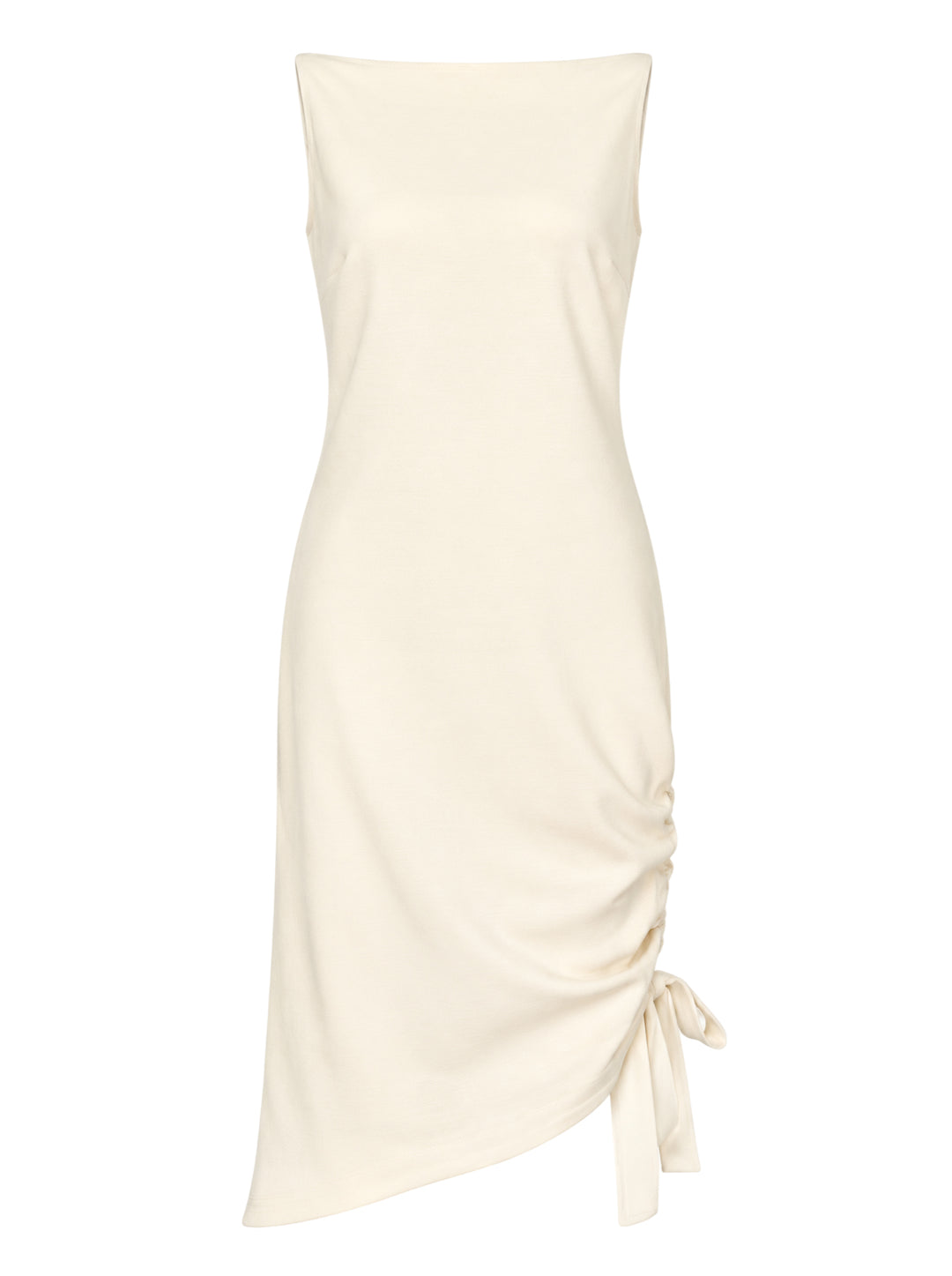 Carolina Herrera ivory sleeveless boatneck midi dress with ruched asymmetrical hem and self-tie bow detail, displayed flat on white background