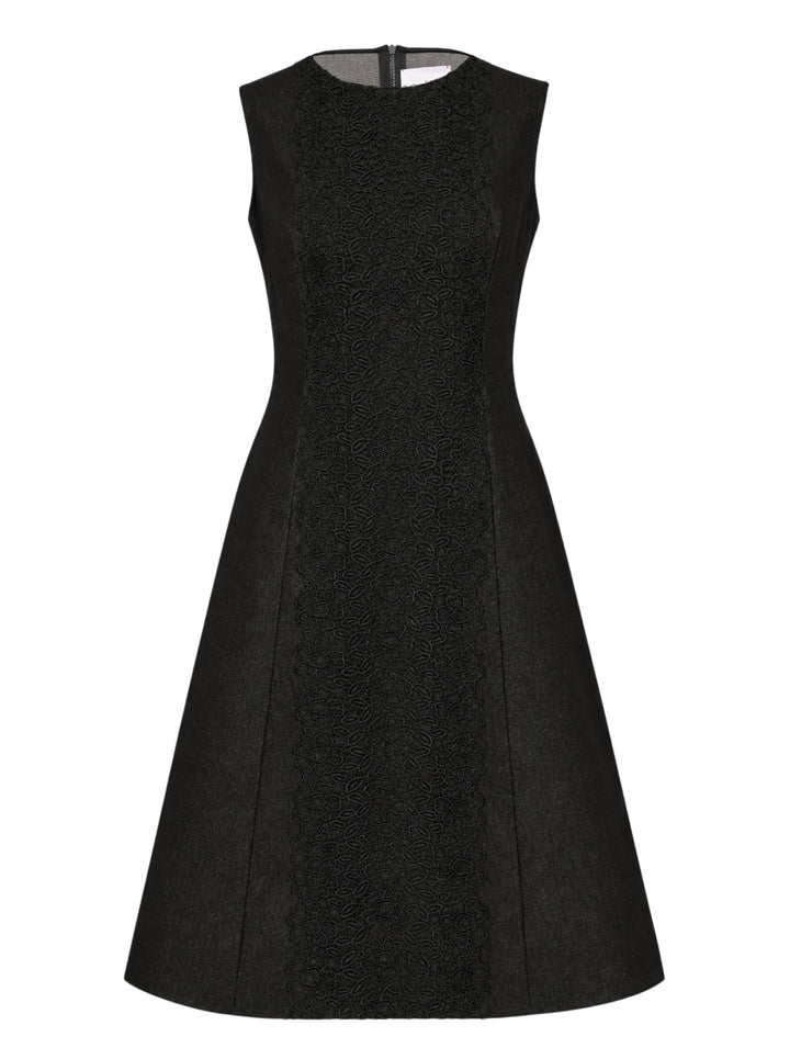 Carolina Herrera black sleeveless A-line knee-length dress with floral guipure lace centre panel and structured woven side panels, featuring a round neckline and concealed back zip