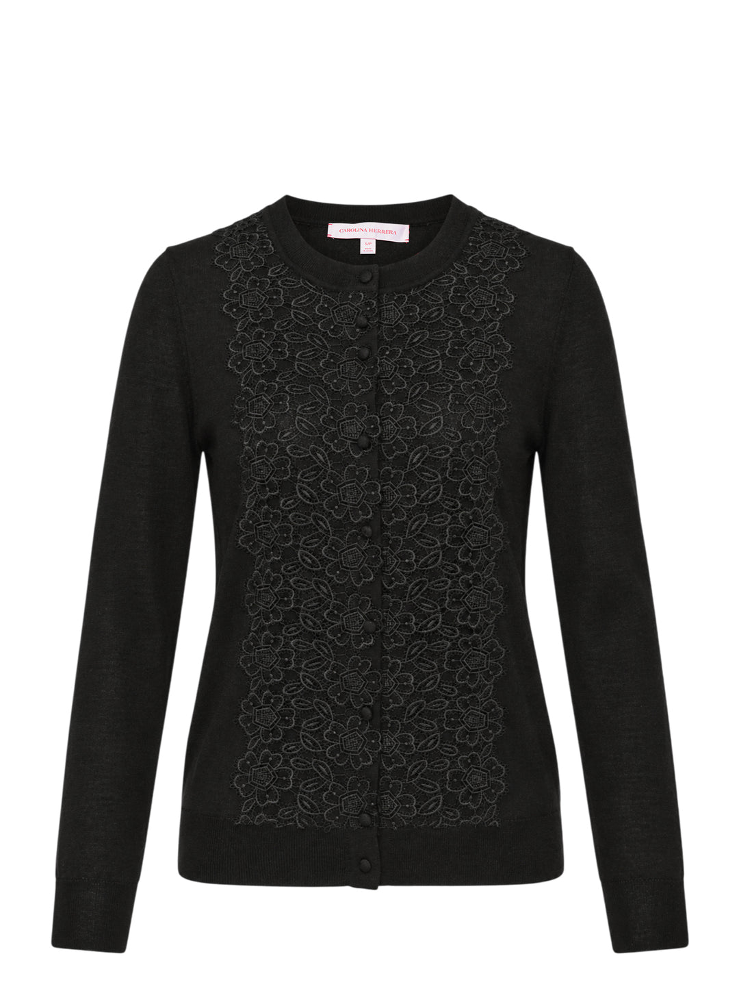 Carolina Herrera black knit cardigan with tonal floral lace centre front panel and covered button fastening, displayed on a flat lay against a white background