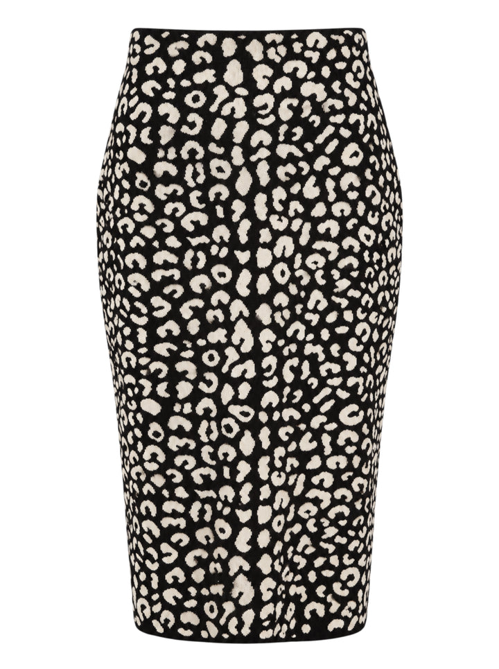Carolina Herrera knee-length pencil skirt in black and cream leopard jacquard knit, shown from the front